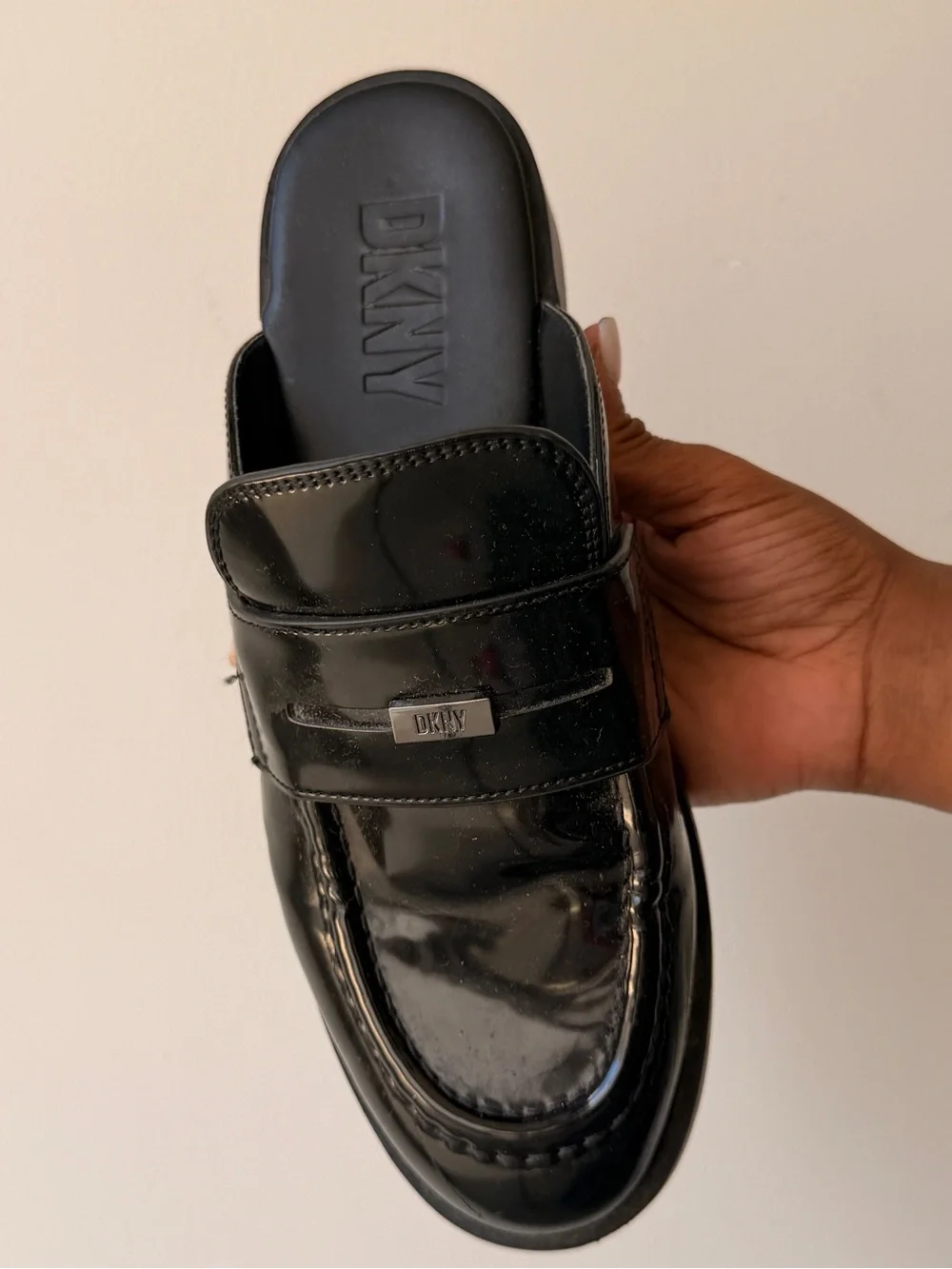 DKNY Black Patent Leather Slip-On Loafers with Metal Logo